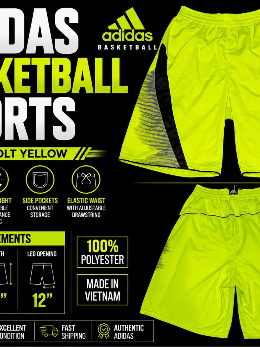 adidas Men’s Bolt Yellow Athletic Basketball Shorts
